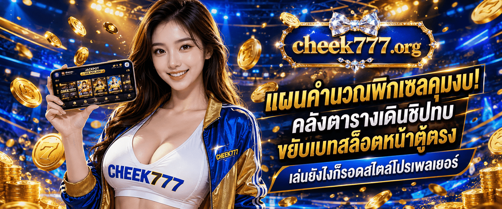ภาพปกแบนเนอร์เกเมอร์สาวชุดสปอร์ตขาวส้มสแกนแผงหน้าจอตารางตัวเลขคำนวณเงินสด วิธีไล่เบทสล็อต CHEEK777 บนระบบหลังบ้านเว็บตรง