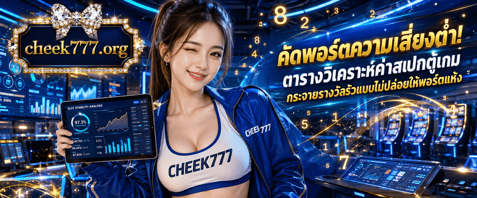 นักวิเคราะห์สาวผมสั้นสายเทคถือแท็บเล็ตตรวจเช็กเกจวัดความเสี่ยงอธิบายข้อดี สล็อตความผันผวนต่ำแตกบ่อย CHEEK777 บนฐานข้อมูลหน้าเว็บตรง
